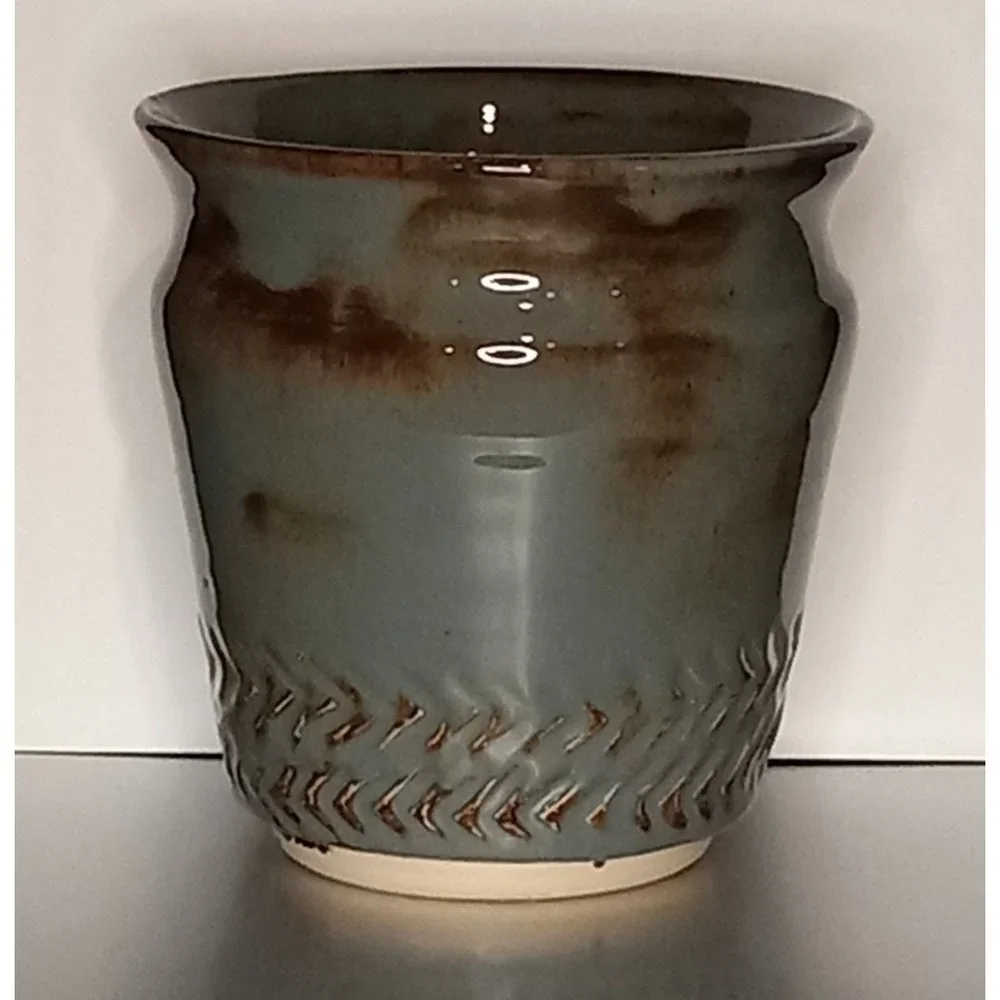 Artist Signed Studio Pottery Arrow Design Vase‎ Pot Planter Vessel Glazed Boho
